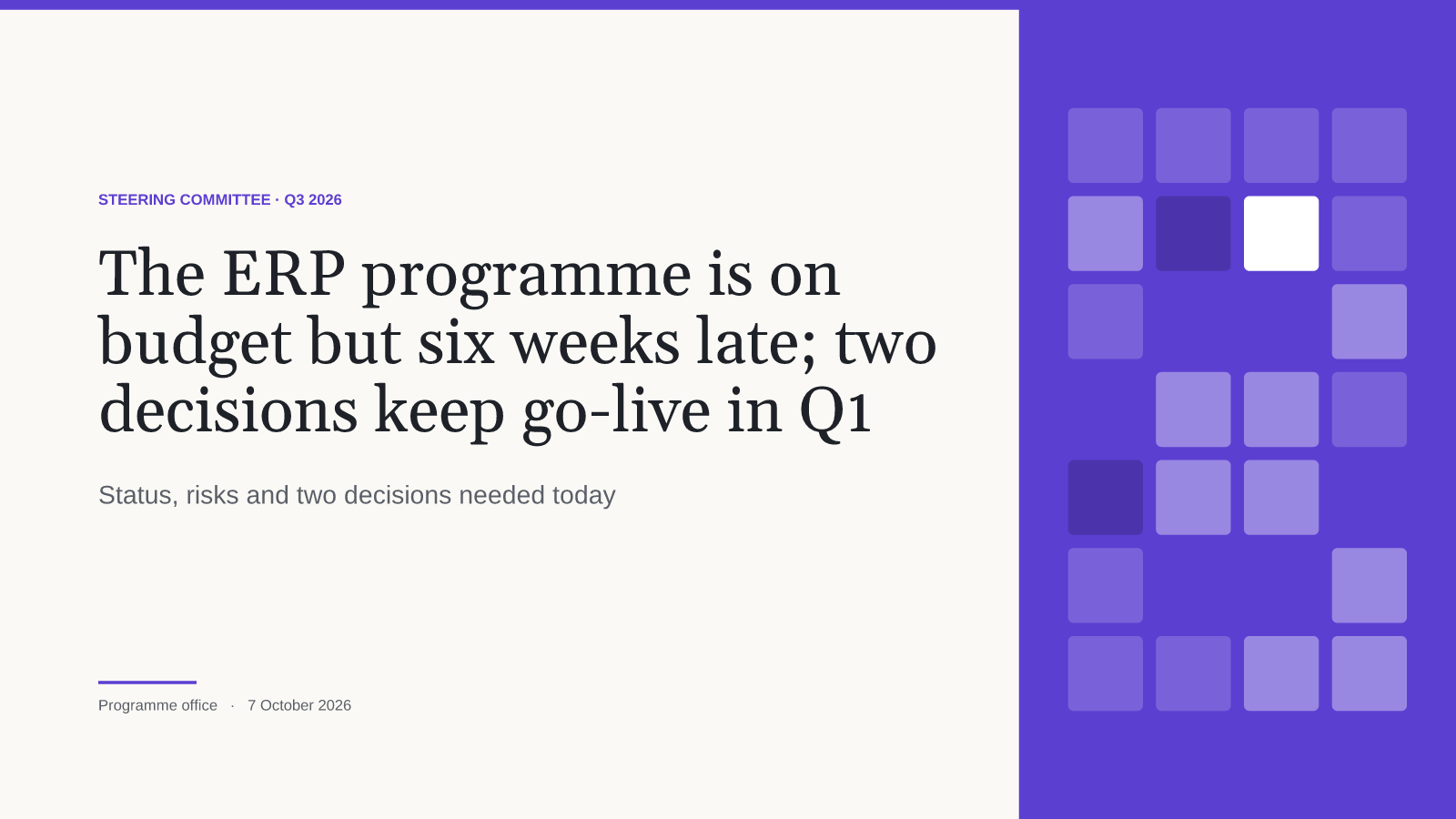 The ERP programme is on budget but six weeks late; two decisions keep go-live in Q1