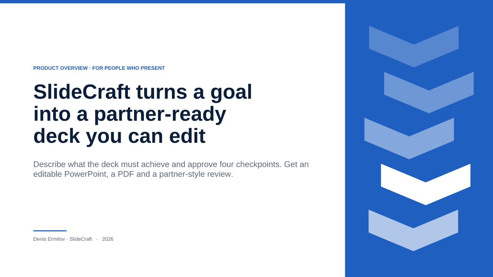 SlideCraft turns a goal into a partner-ready deck you can edit