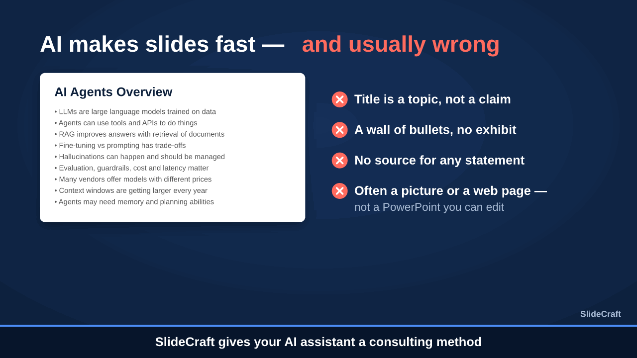SlideCraft in 30 seconds: one prompt, the action-title chain, cover options, the built deck, a wrong total caught, and the editable PowerPoint